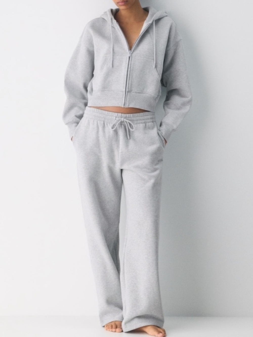 Aritzia Light Gray Cropped Zip Hoodie & Wide-Leg Sweatpants Set